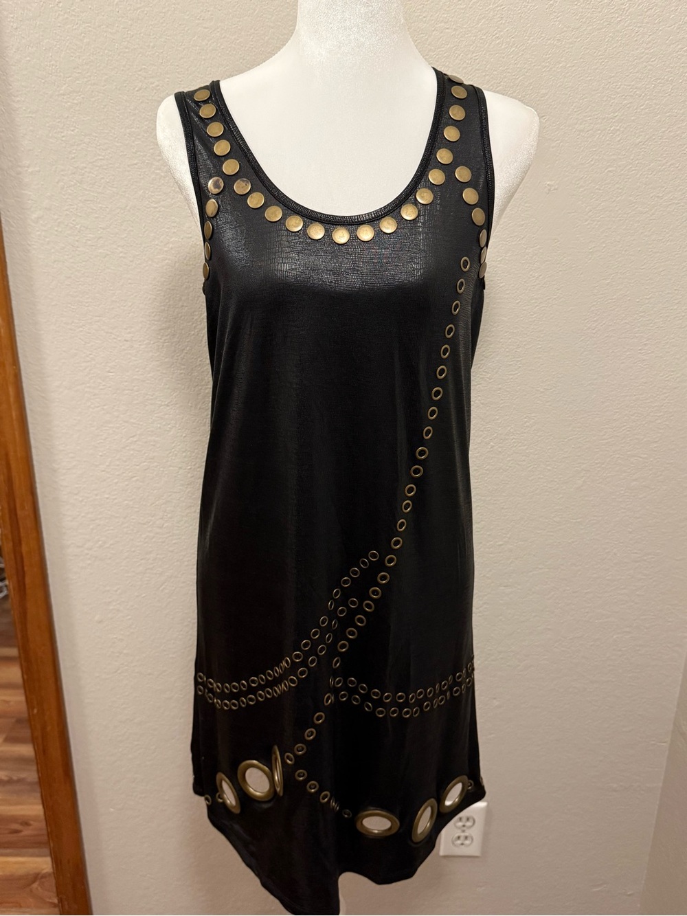 Caribbean Queen Black Mini Dress with Gold Eyelet Accents